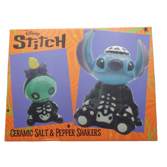 NIB Disney Stitch & Scrump Halloween Skeleton Ceramic Salt & Pepper Shaker Set - Picture 2 of 4